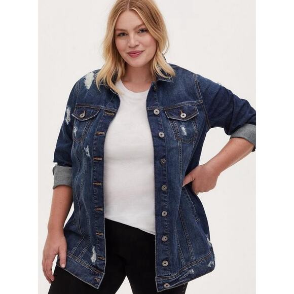 Torrid Womens Chore Jacket 2X (18-20) Longline Denim Distressed Oversized‎ NWT - Picture 1 of 6